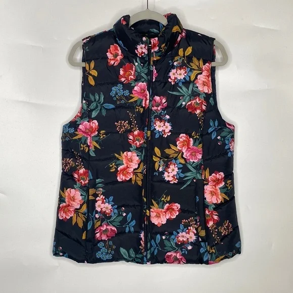 Loft Women's Blue & Pink Floral Print Sleeveless Puffer Vest Casual size Medium - Picture 2 of 9